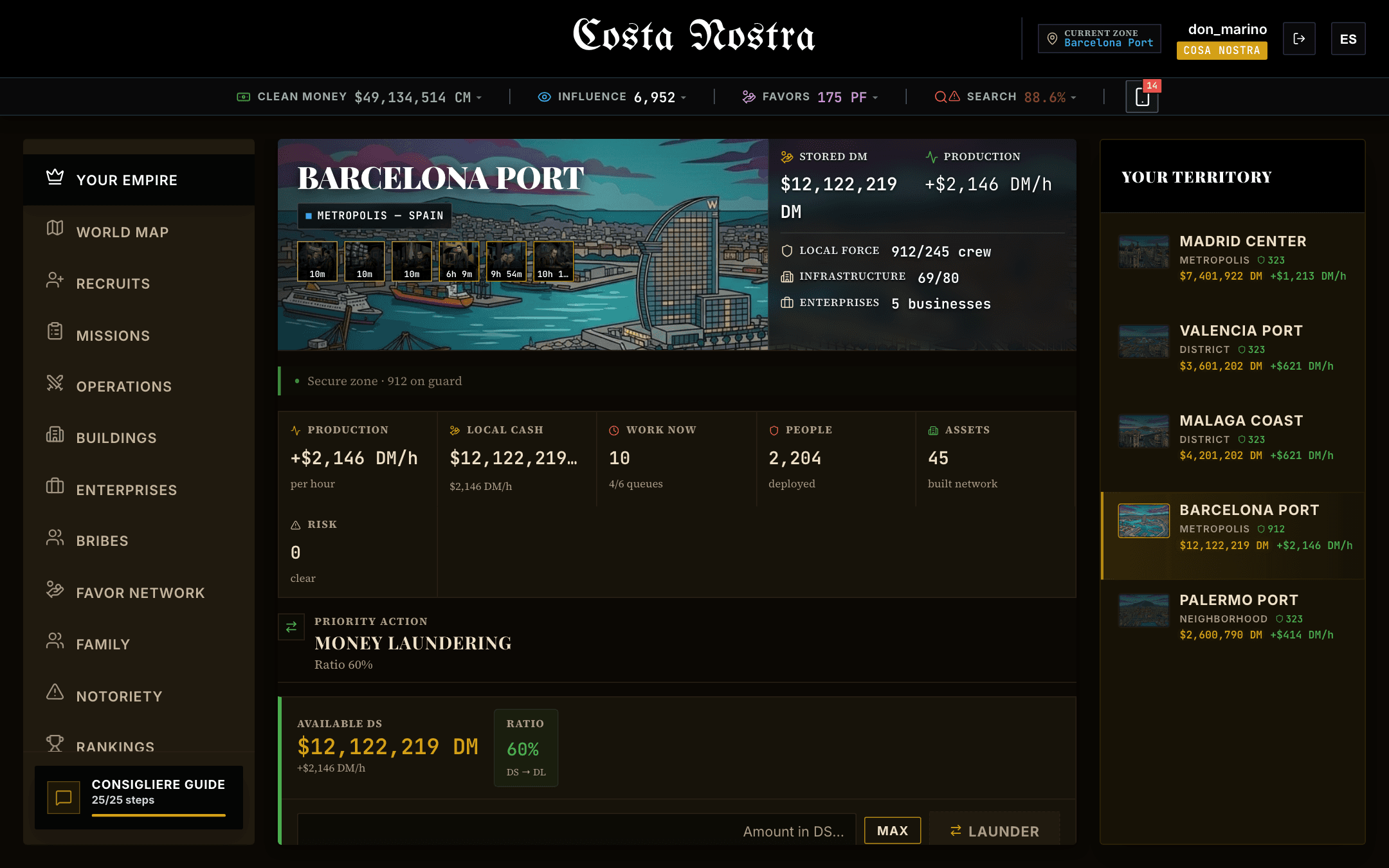 Dashboard attuale di Costa Nostra con un account avanzato
