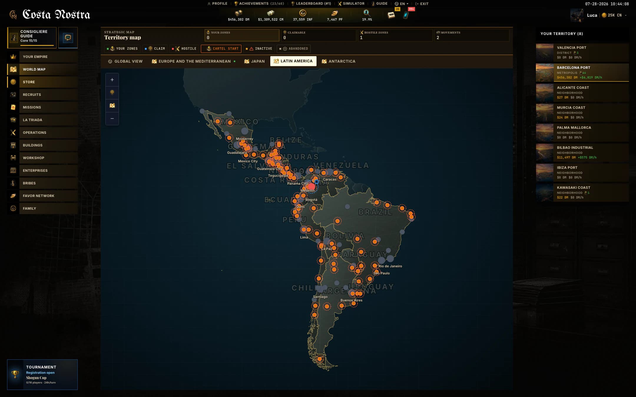 Current Costa Nostra Latin America map with territorial zones and connections