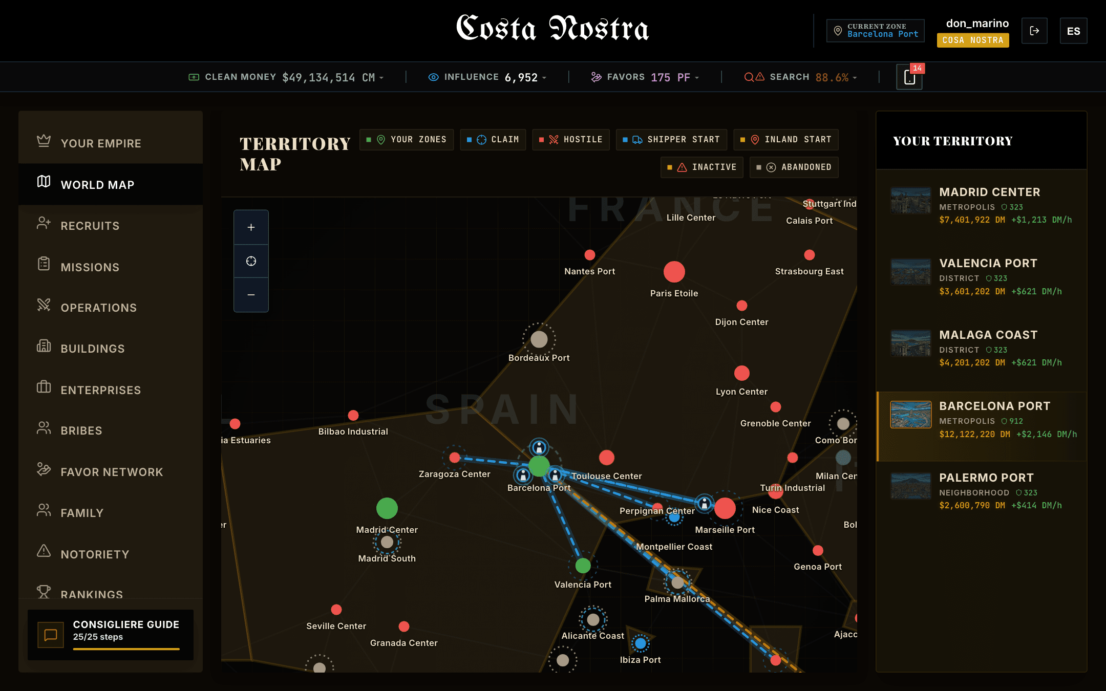 Mappa territoriale con rotte, zone proprie e pressione rivale.
