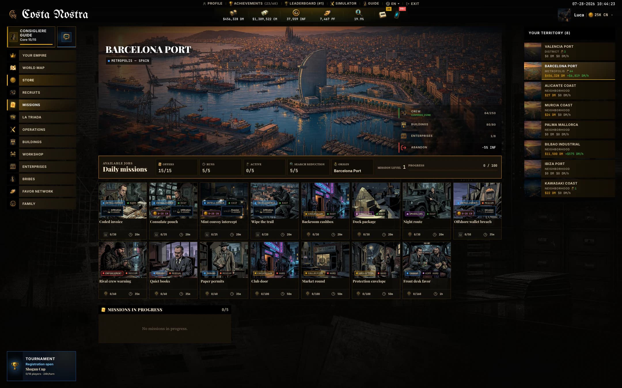 Daily PvE missions with active jobs and rewards.