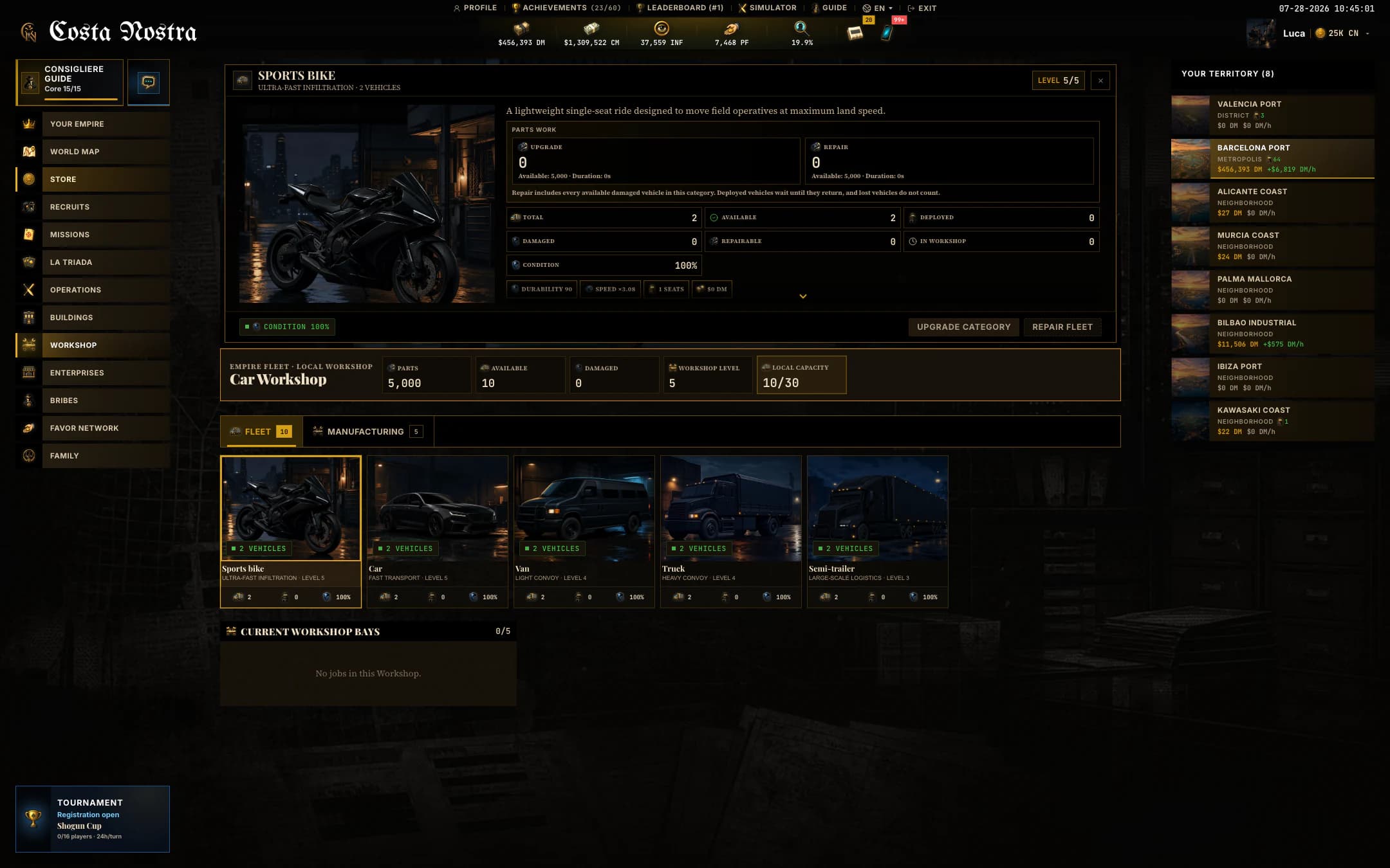 Workshop and fleet: build, upgrade and repair vehicles to speed up operations.