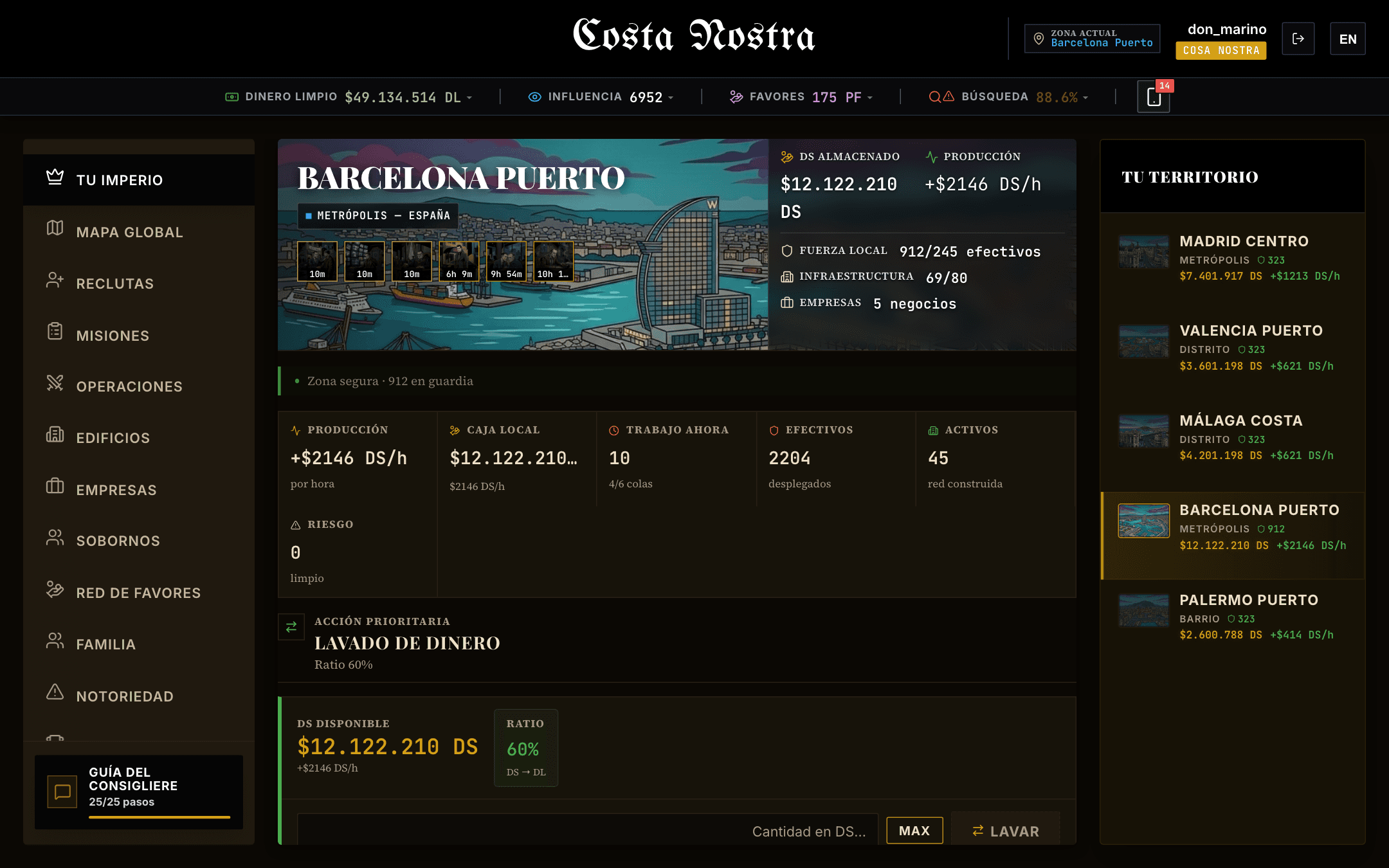 Panel actual de Costa Nostra con una cuenta avanzada
