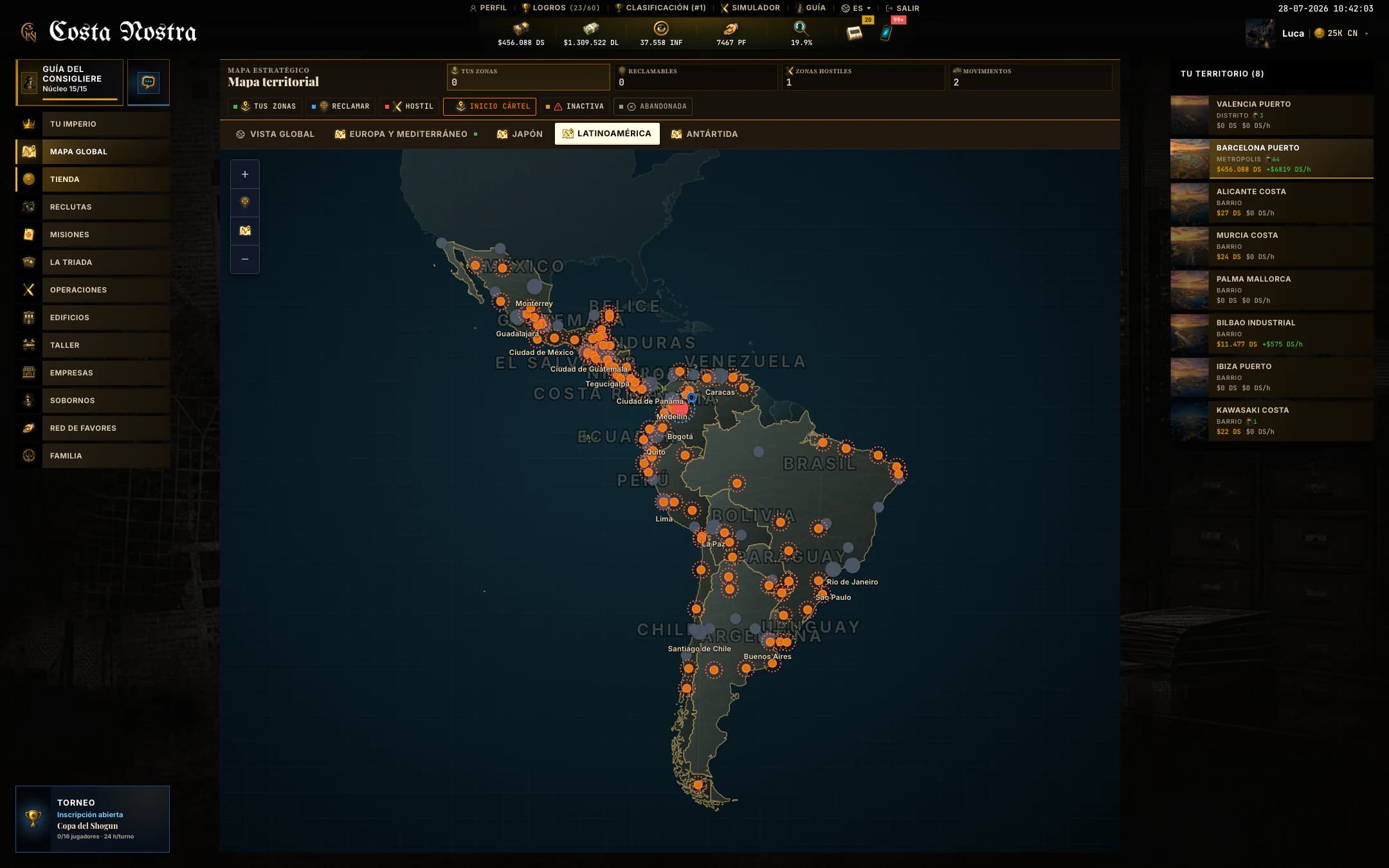 Mapa actual de Latinoamérica en Costa Nostra con zonas y conexiones territoriales