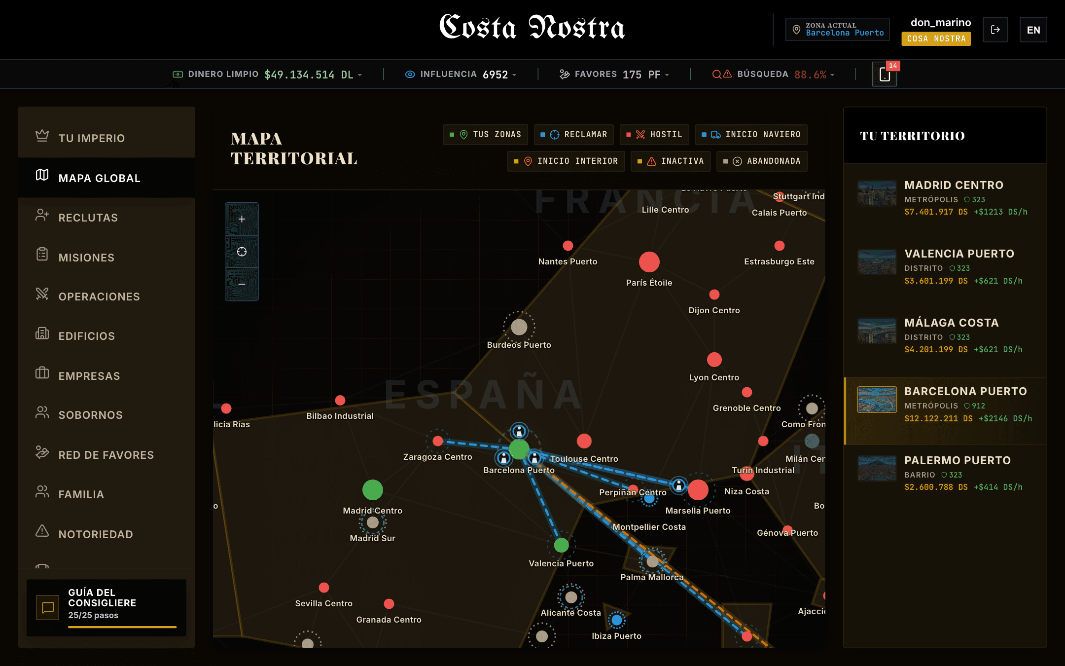 Mapa territorial con rutas, zonas propias y presión rival.