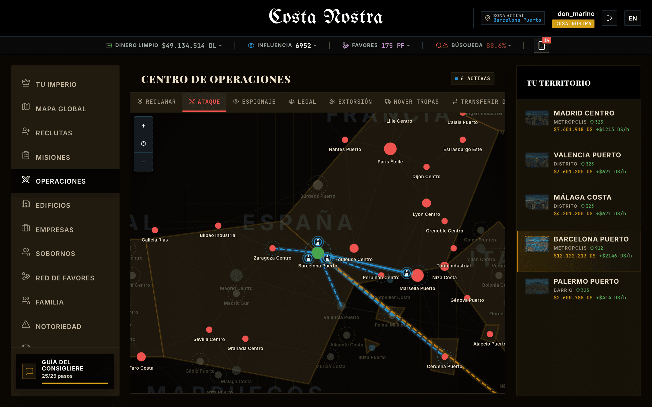 Operaciones en tiempo real: ataques, espionaje, legal y transferencias.