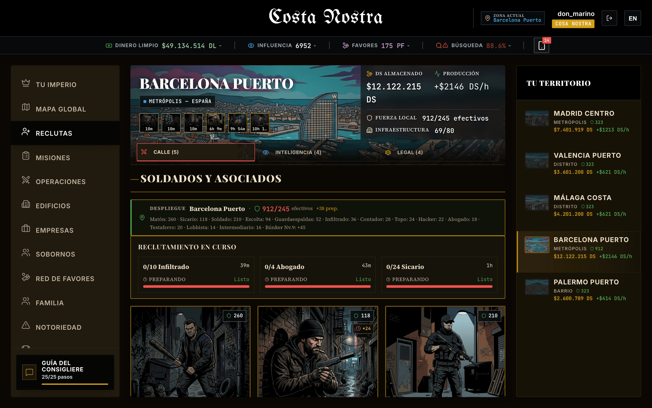 Reclutamiento por capas: calle, inteligencia y legal.