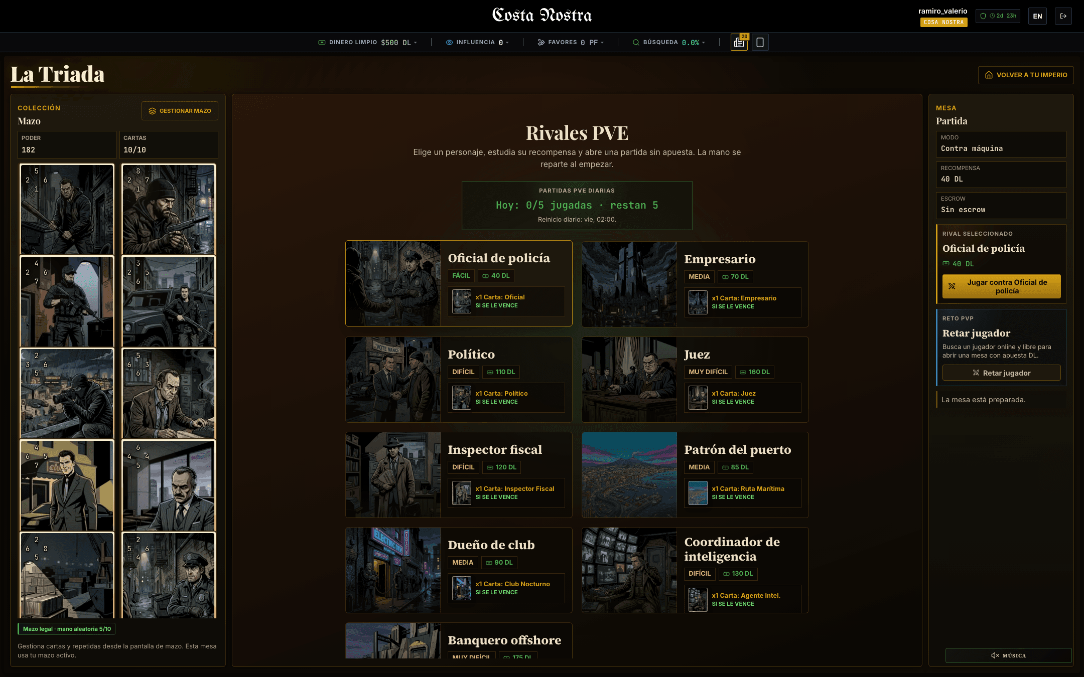 La Triada: cartas, rivales PvE y retos PvP con apuesta en DL.