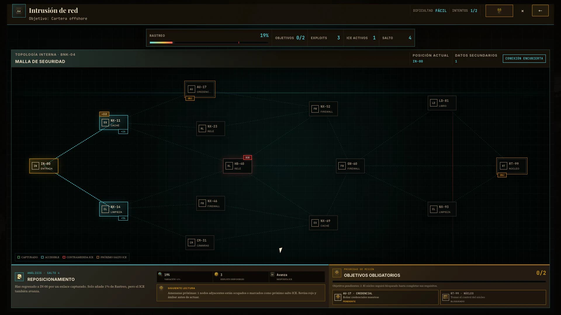 Minijuego actual de hacking con nodos de red, exploits e ICE