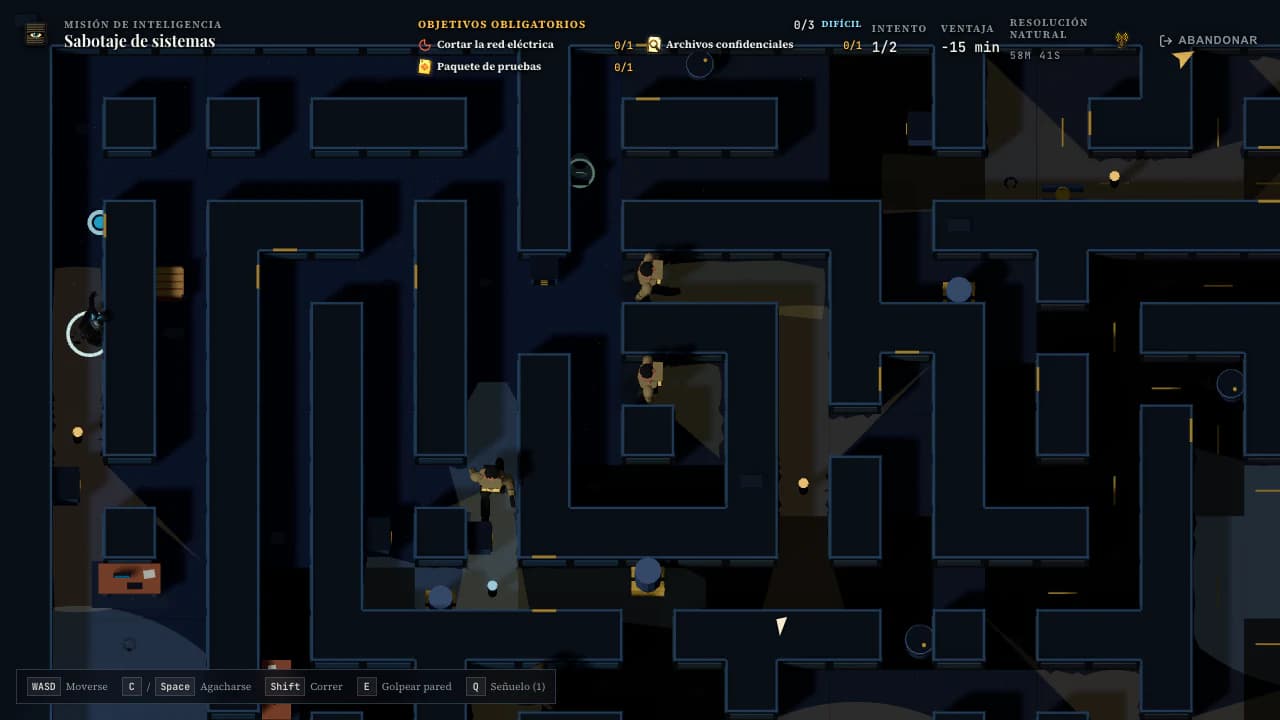 Minijuego actual de infiltración con guardias, sombras y objetivos