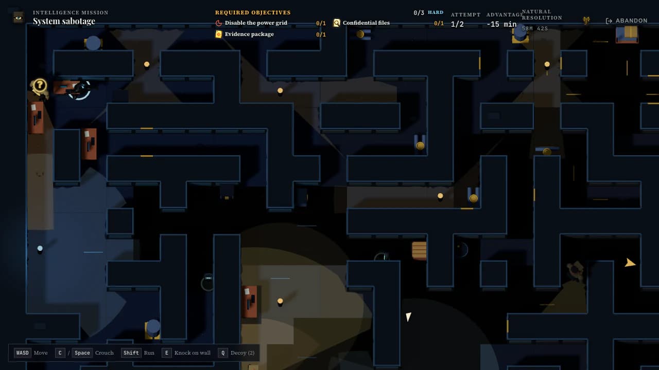 Current infiltration minigame with guards, shadows and objectives