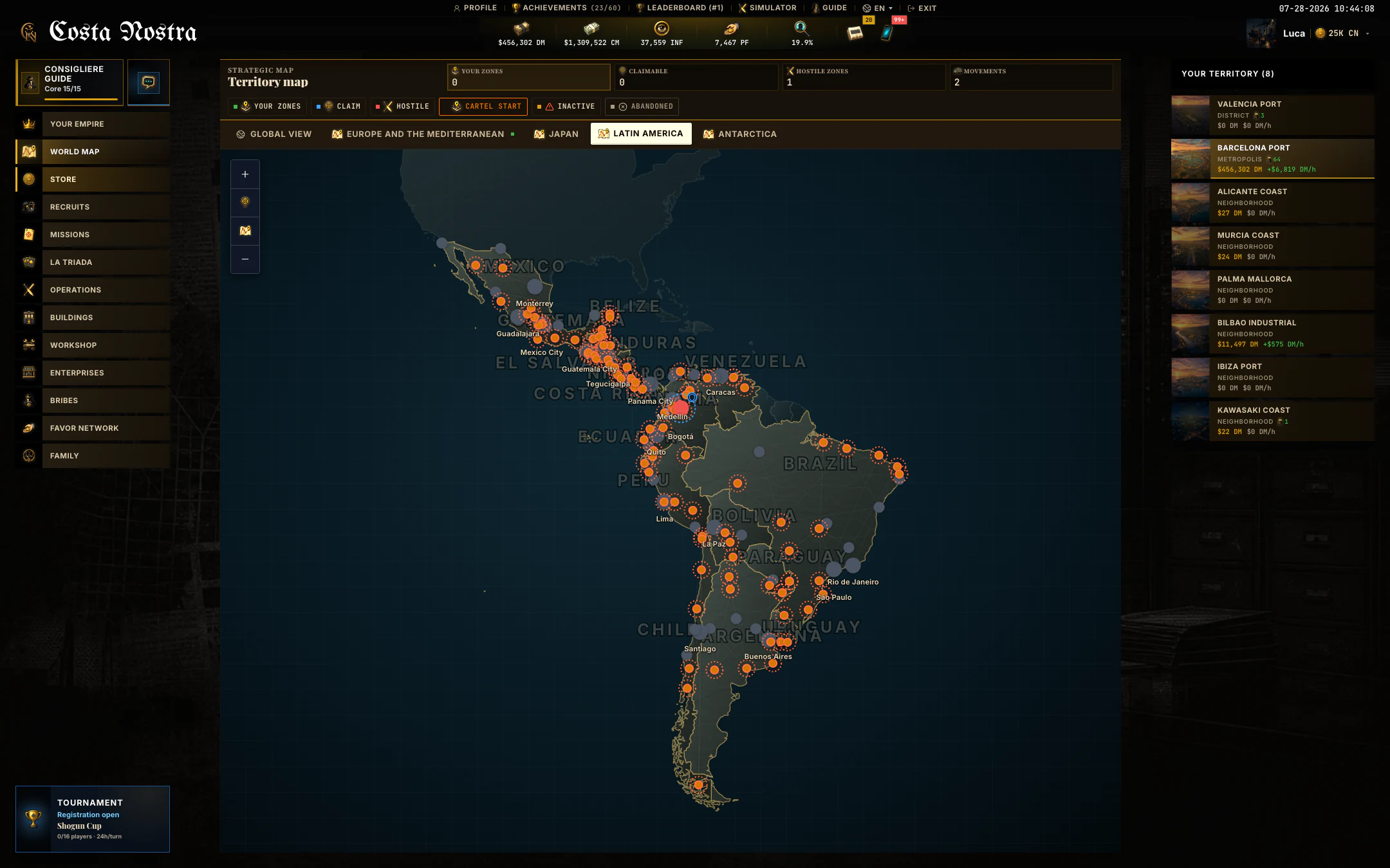 Current Costa Nostra Latin America map with territorial zones and connections