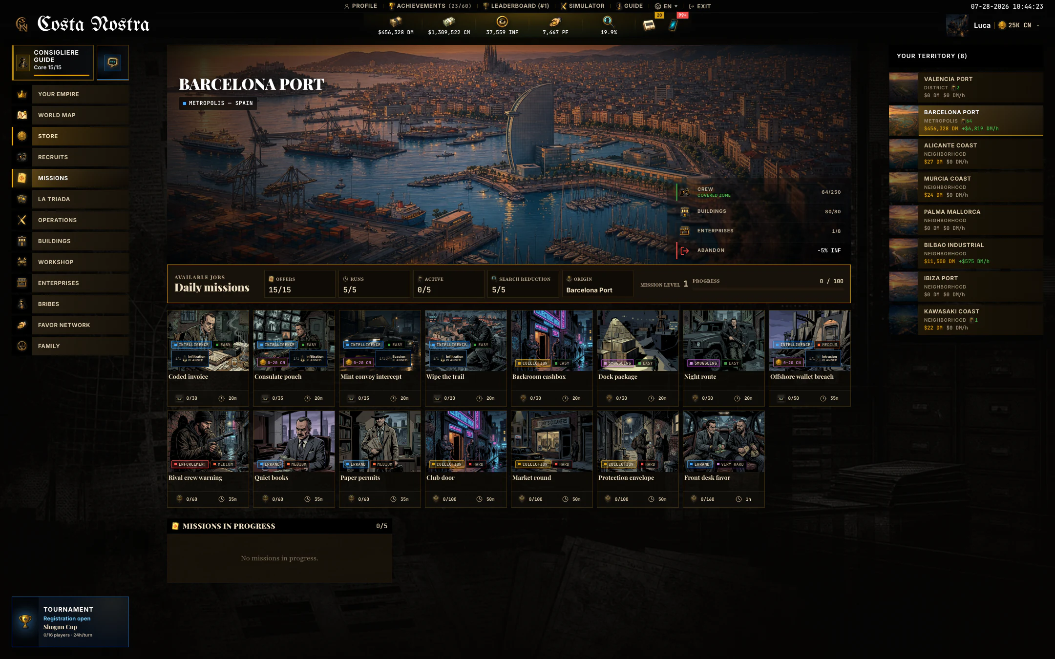 Daily PvE missions with active jobs and rewards.