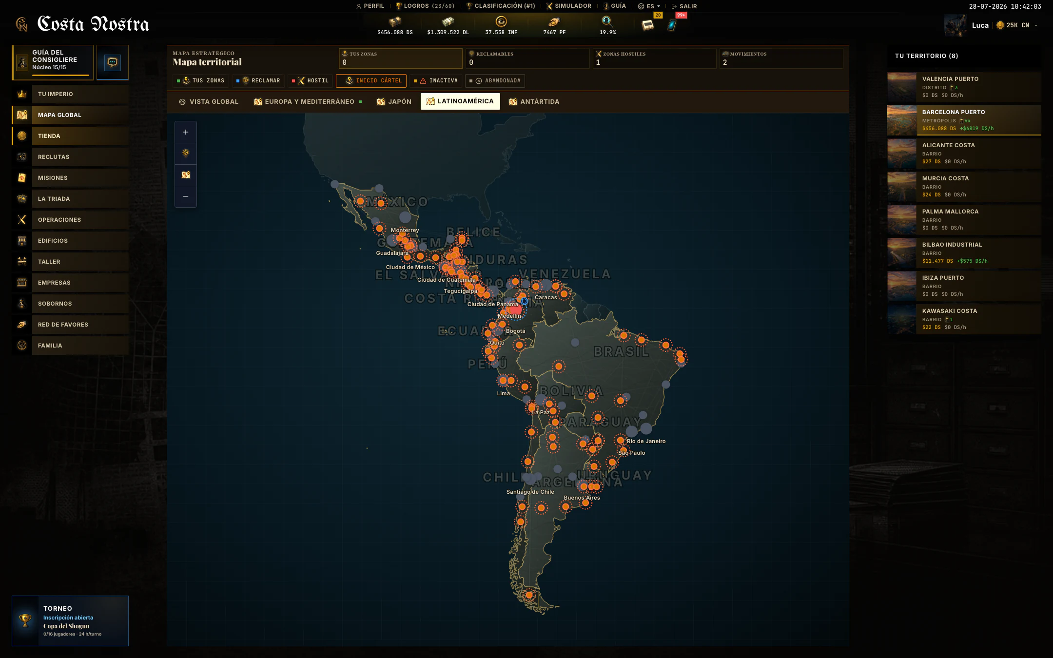 Mapa actual de Latinoamérica en Costa Nostra con zonas y conexiones territoriales